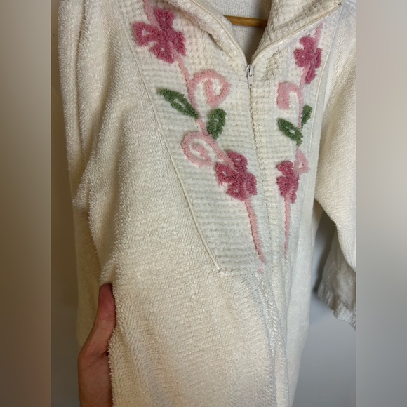 National Vintage Towel Robe Floral Embroidered Mid zip Size M Chic 90s Romantic - Picture 5 of 16